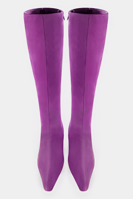 Mauve purple women's feminine knee-high boots. Tapered toe. Medium block heels. Made to measure. Top view - Florence KOOIJMAN